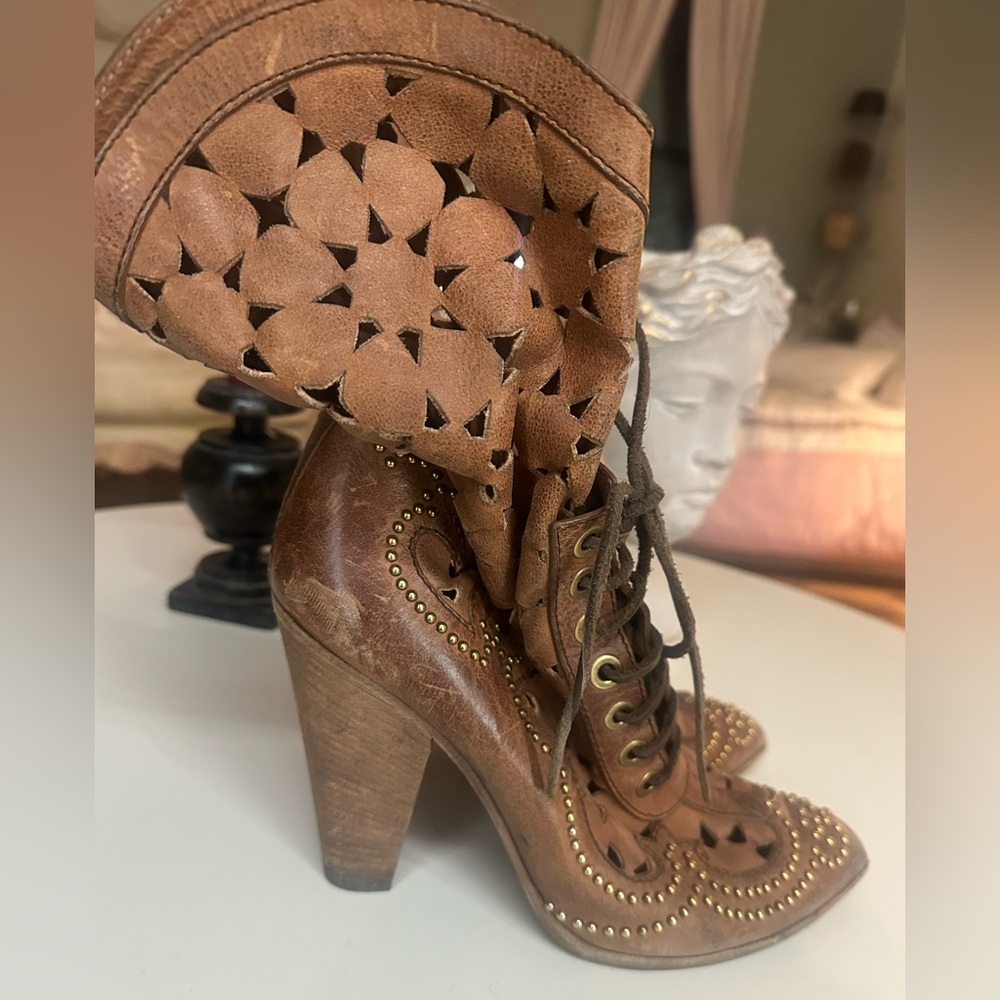 Dolce & Gabbana Tan Leather studded and embossed high heel boots